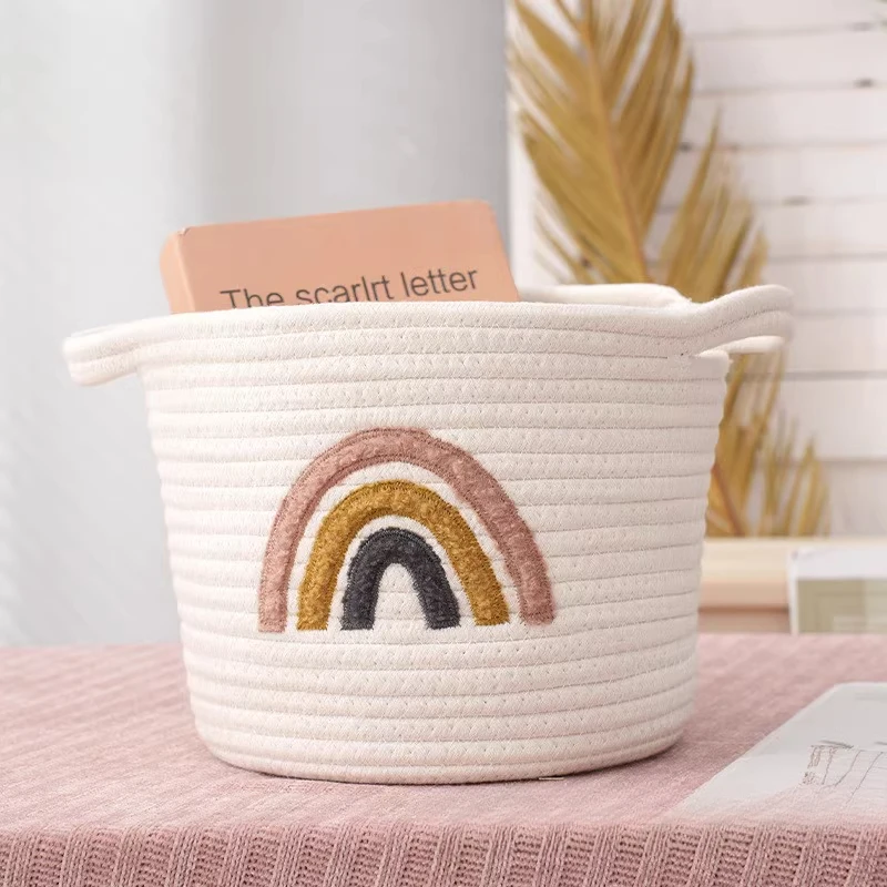 Cesta de almacenamiento tejida con bordado hecho a mano, cesta organizadora de ropa y juguetes para bebés, cesta tejida para niños