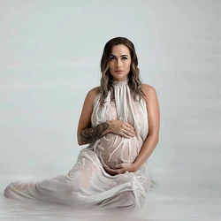 Vestido premamá de gasa blanca con volantes para fotos embarazo