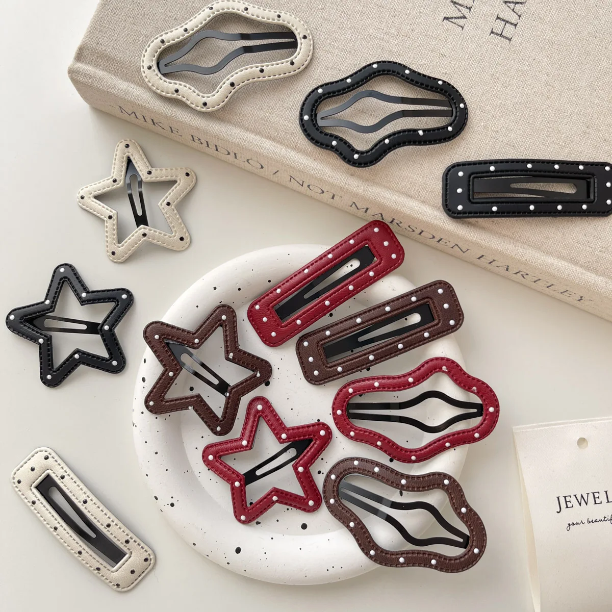 Clip BB de lunares blanco y negro con nube de estrella de cuero clásico coreano nuevo Clip de borde de flequillo de pelo roto Simple dulce