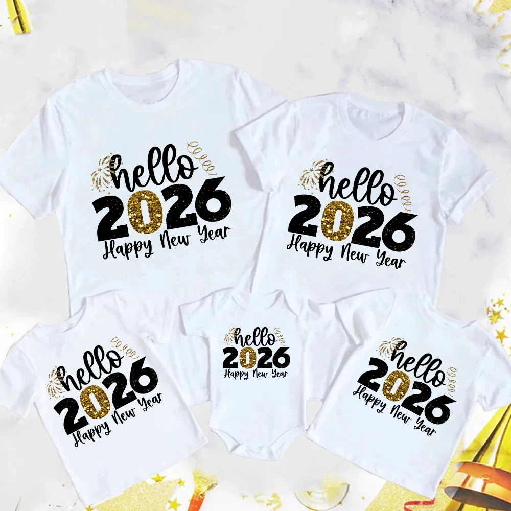 Hola 2026, trajes a juego para la familia, Feliz Año Nuevo, papá, mamá e hija, hijo, camiseta, pelele para bebé, apariencia familiar, ropa de Año Nuevo