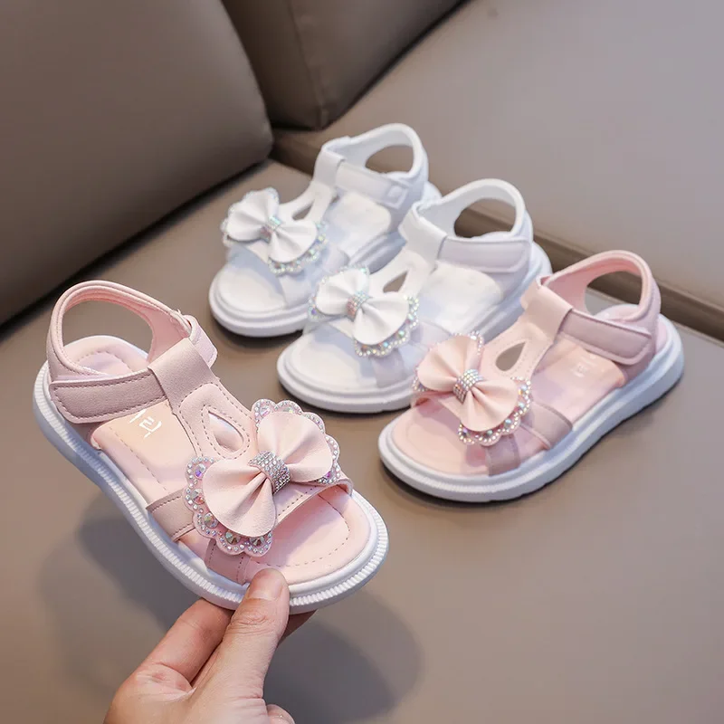 Zapatos informales de suela suave para niña, sandalias de princesa a la moda, zapatos de playa con diamantes de agua, sandalias con forma de lazo - imagen 2