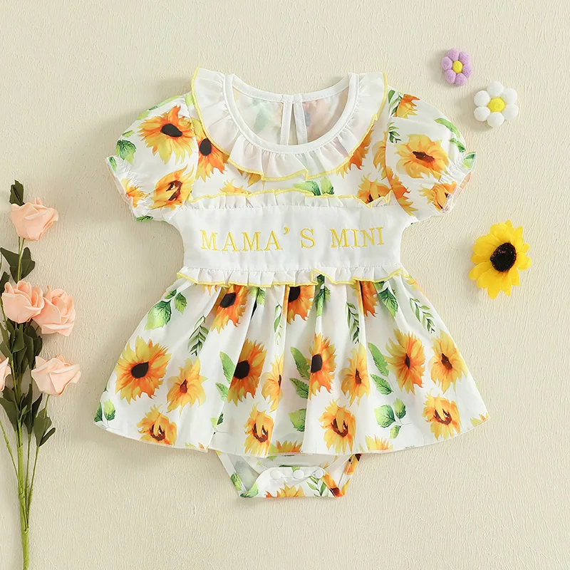 Pelele para niñas de 0 a 18 meses, vestido informal con estampado Floral y Bordado de letras, mono de manga corta para recién nacidos, ropa bonita para niños pequeños - imagen 2