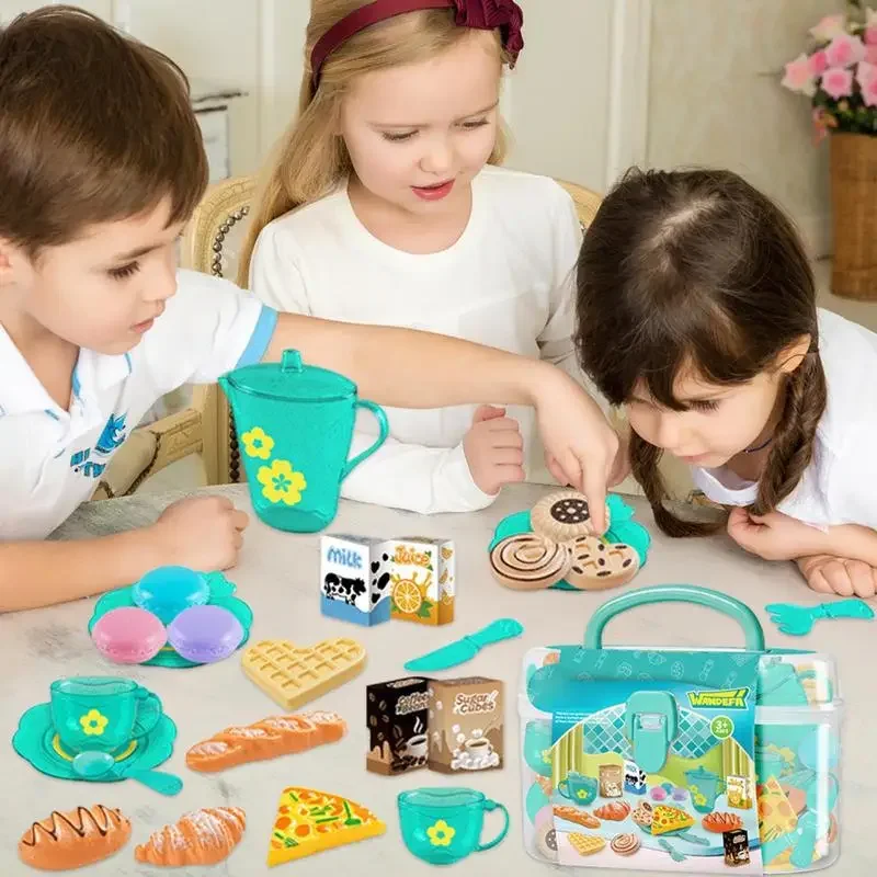 Juego de té de juguete para niñas pequeñas, juego de fiesta de té, juguetes para niños y niñas, juego de simulación, comida de cocina, aperitivos en miniatura, juegos de té de la tarde, Juguetes - imagen 3