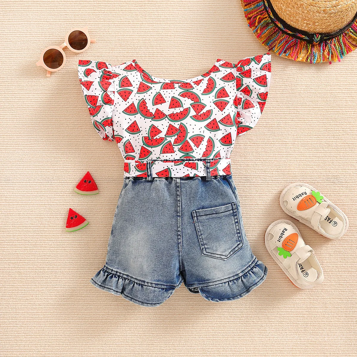 Ropa de verano para niño niña, moda coreana, camisetas sin mangas con estampado de sandías para bebé + pantalones cortos de mezclilla, ropa de Boutique para niños BC1853 - imagen 4