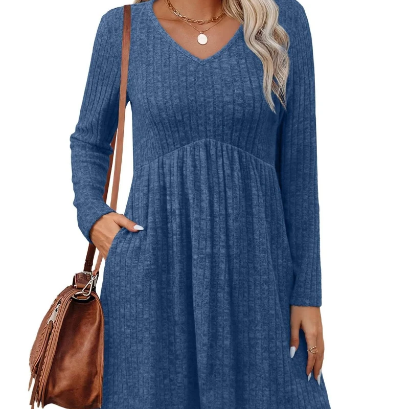 Vestido de punto acanalado con cuello en V para mujer, falda midi de corte A informal minimalista, manga larga, adelgazante de cintura, otoño e invierno - imagen 3