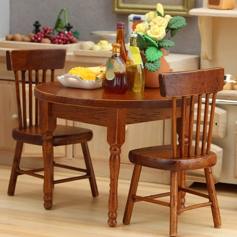 1 Juego de mesa de comedor en miniatura de madera para casa de muñecas a escala 1:12 con 2 sillas, Mini mesa de cocina, muebles modelo, decoración de escena de casa de muñecas - imagen 2