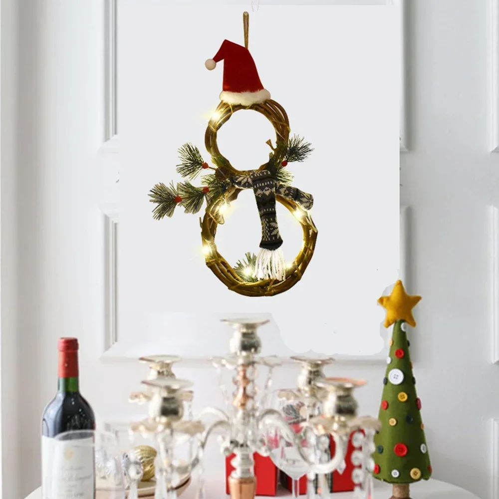 Guirnalda de mimbre de muñeco de nieve con luz LED, decoraciones navideñas para puerta delantera, guirnalda navideña con luz y lazo, adorno colgante de Año Nuevo - imagen 4