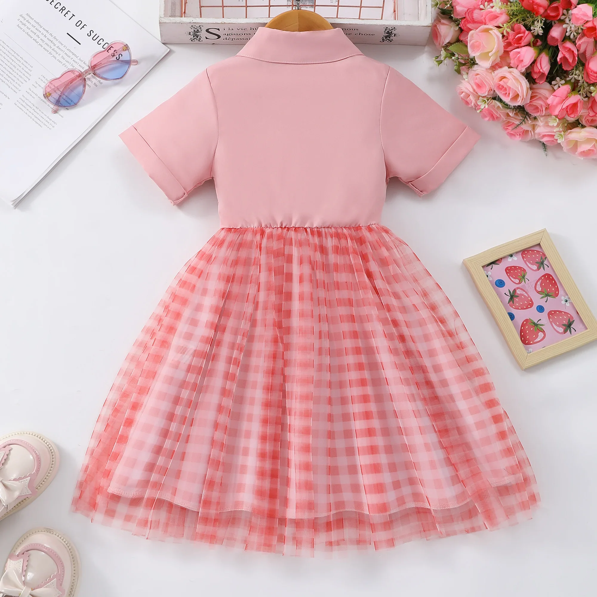 Vestido rosa de fresa para niña, conjunto de ropa de verano, manga corta, cuello tipo Polo de malla, bonito vestido informal para niño de 2 3 4 5 6 7 años - imagen 3