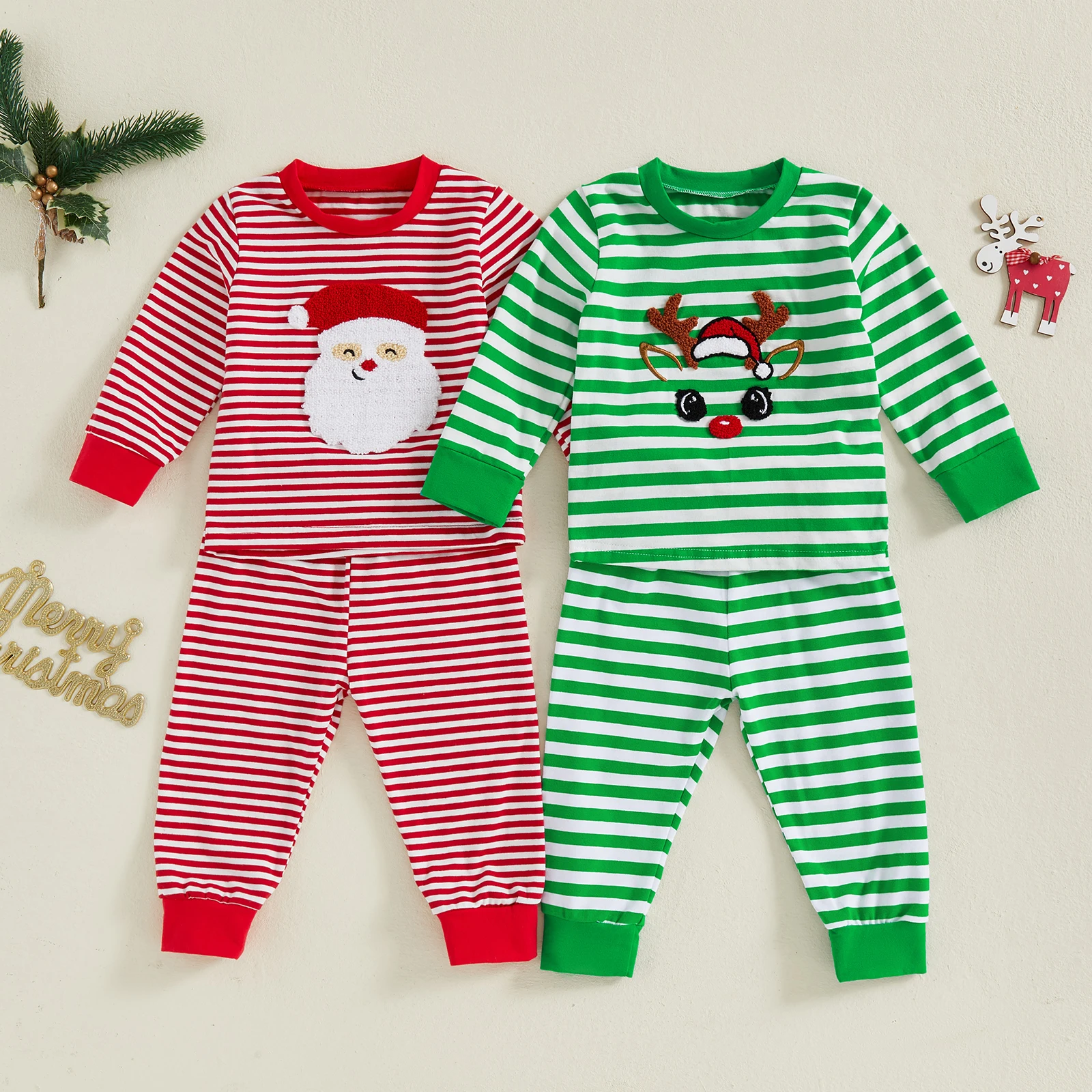 Conjunto de 2 piezas de traje de Navidad para bebé, sudadera de manga larga bordada con Papá Noel a rayas, pantalones de cintura elástica