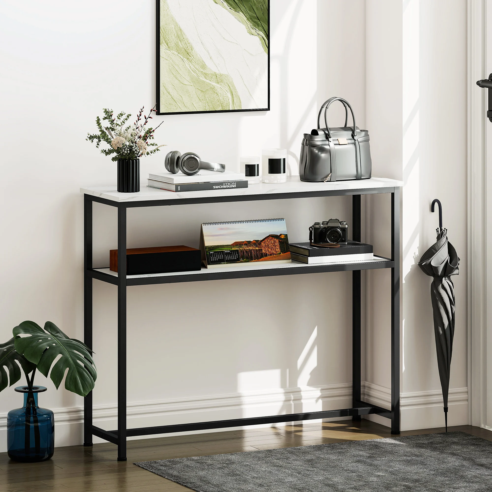 HOMCOM Mesa Consola Moderna Consola Recibidor Estrecha con Superficie con Efecto Mármol Estante Abierto y Marco de Metal Mesa de Sofá para Entrada Sala de Estar 100x30x81 cm Blanco