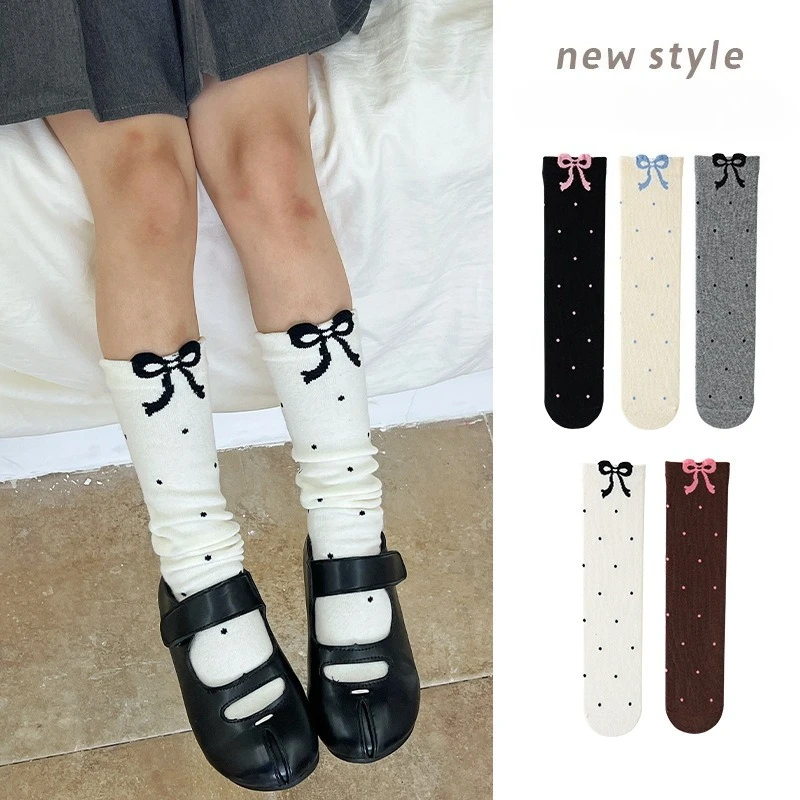 Calcetines coreanos hasta la rodilla para niñas, calcetines holgados de mezcla de algodón con detalle de estampado de lazo para niños grandes, calcetines bonitos hasta la pantorrilla para primavera y otoño
