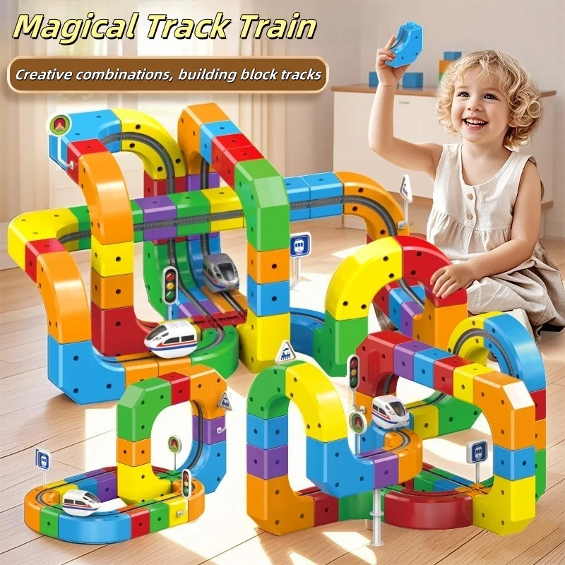 Juegos de vías de tren DIY, kits de construcción de vías de coches de carreras con tren y señales de tráfico, juguete educativo STEM para niños, regalo de Navidad