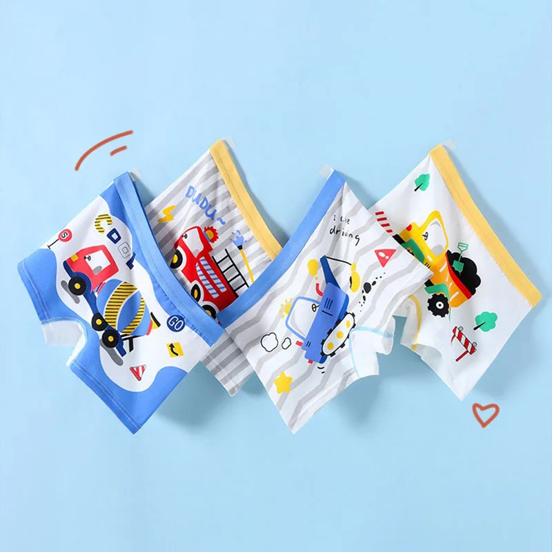 4 unids/lote de ropa interior para niños, Boxers de algodón suave para niños, exquisitos camiones de dibujos animados, calzoncillos Boxer transpirables con estampado para niños 2-9T - imagen 3