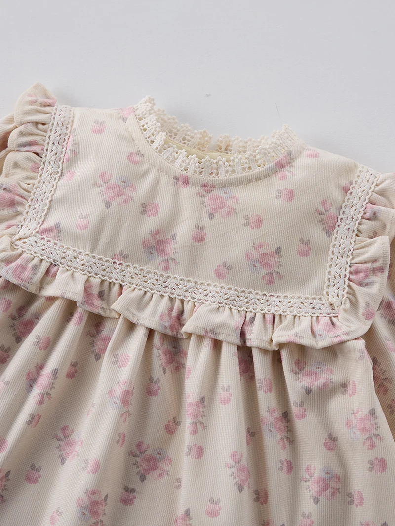 MILANCEL, vestido Floral de primavera para niñas, bonito vestido de manga larga con cuello de encaje para niños, traje informal para niñas, ropa de otoño para niños - imagen 5