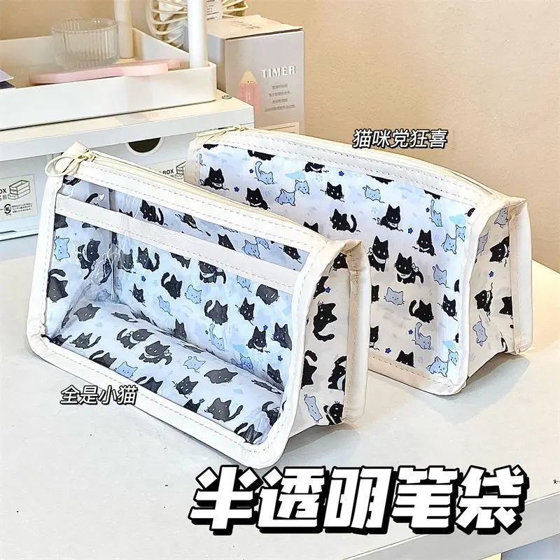 Bolsa de lápices Snow Kitten Ins, estuche de lápices transparente de alto valor, bolsa de almacenamiento multifuncional para estudiantes, bolsa de papelería de gran capacidad
