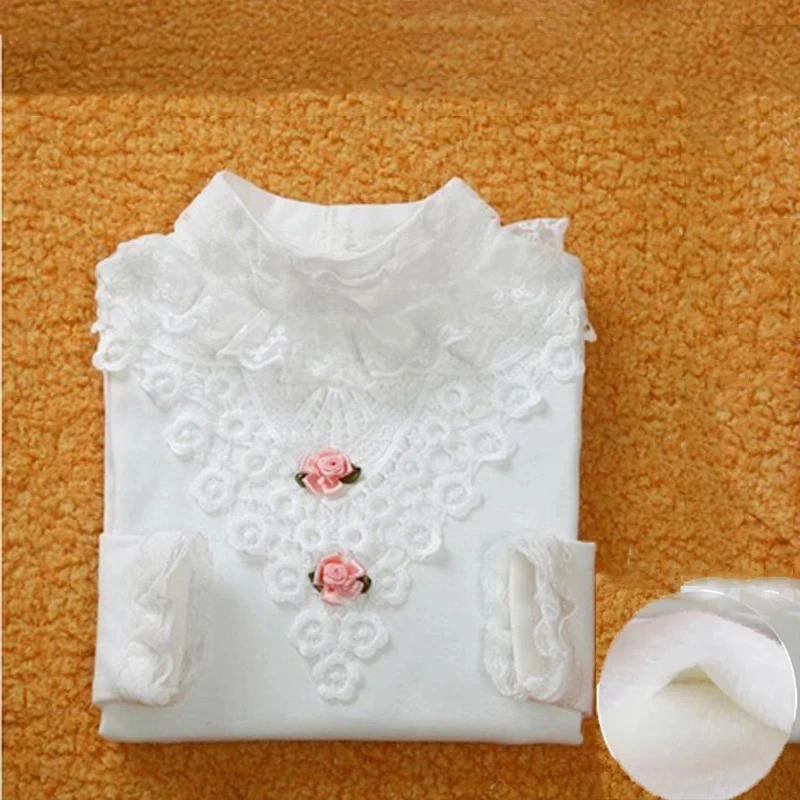 Ropa interior de Color sólido para niñas, camisa con cuello de encaje para niños, camiseta cálida informal de manga larga para otoño e invierno - imagen 2