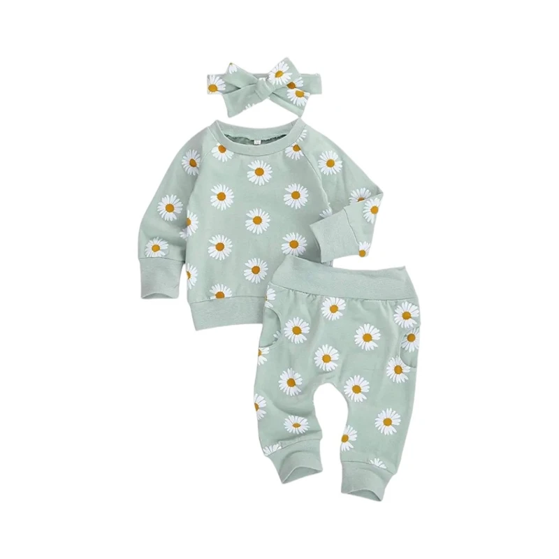 Conjunto de algodón con margaritas para bebés, niños y niñas, primavera/otoño, conjunto de manga larga con estampado Floral y diadema, ropa informal fresca y acogedora
