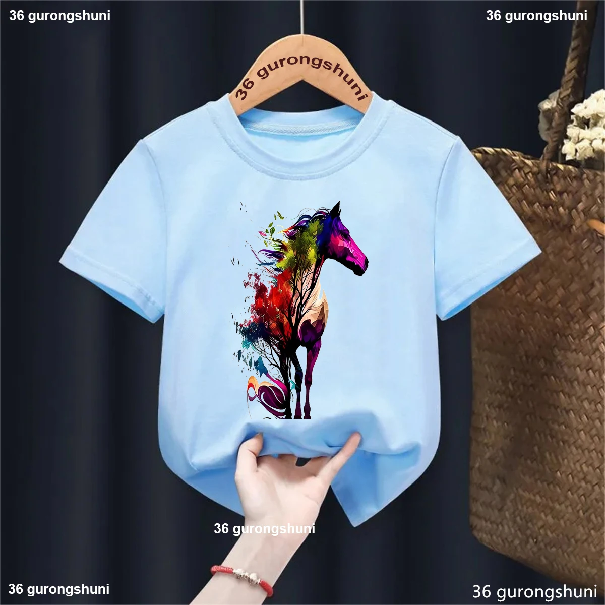 Camiseta con estampado de animales y caballos de acuarela para niñas, ropa Harajuku Kawaii para niños, camiseta de manga corta a la moda de verano - imagen 5