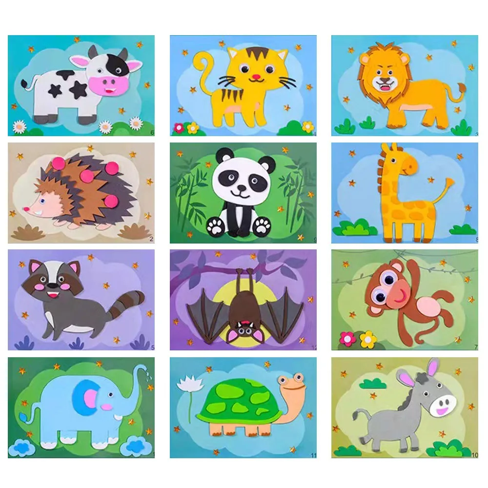 12 Uds. De pegatinas de espuma EVA 3D Multicolor, rompecabezas de desarrollo de aprendizaje divertido, Material DIY, calcomanías hechas a mano para vehículos de animales de dibujos animados, juguete