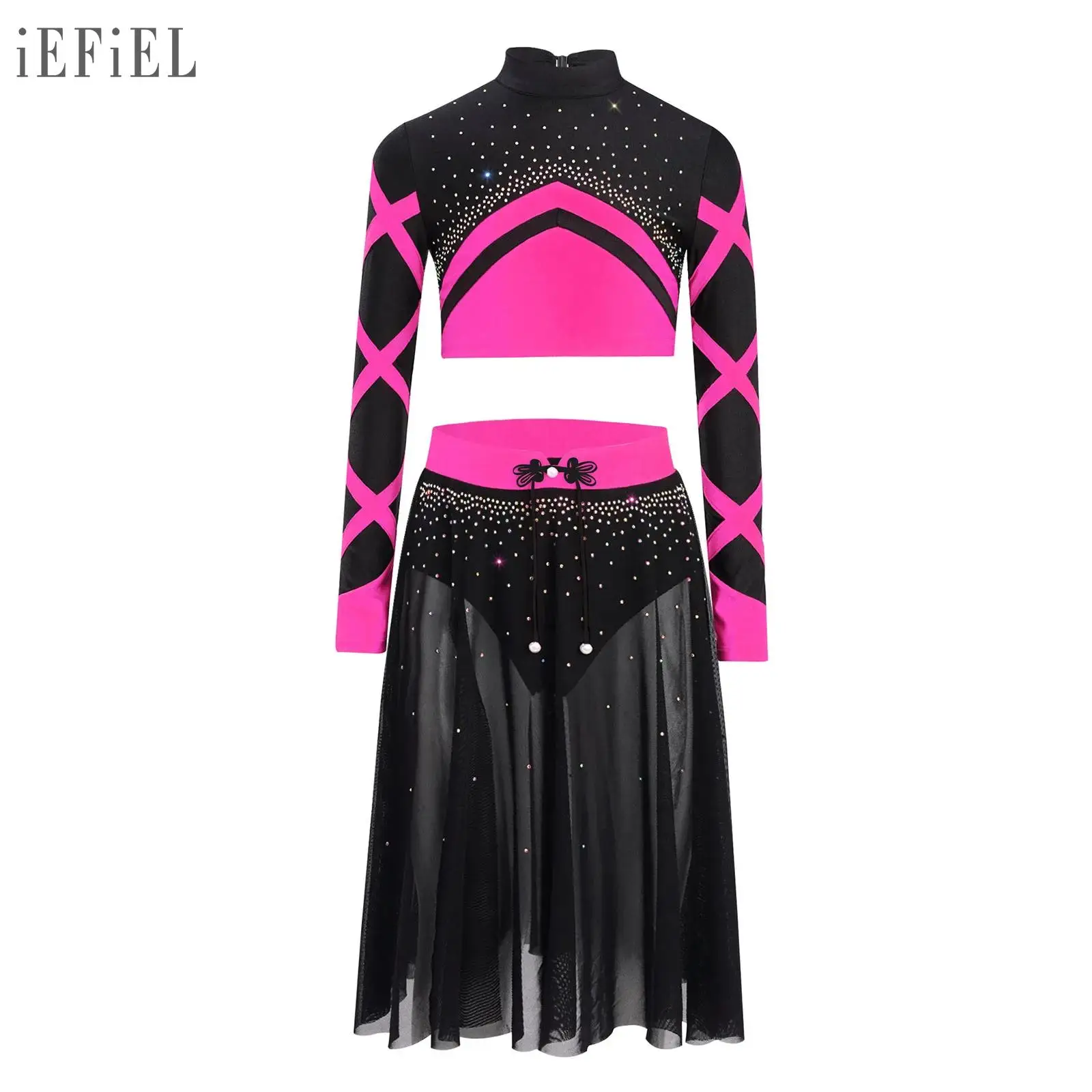 Conjuntos de baile de Ballet para niñas, Ropa de baile contemporánea moderna, trajes de bailarina, Top de manga larga con diamantes de imitación y falda de malla fluida