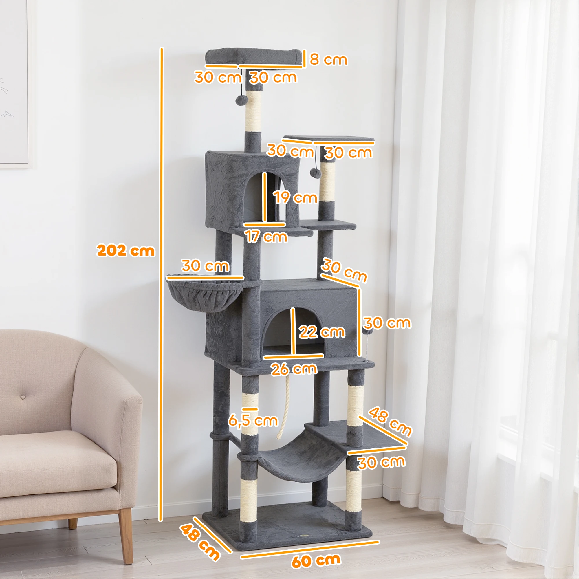 PawHut Árbol Rascador para Gatos, Árbol para Gatos 202 cm, Torre Escalador con Plataformas, Cama, Cuevas, Postes de Sisal, Bolas y Cuerda para Jugar - imagen 3