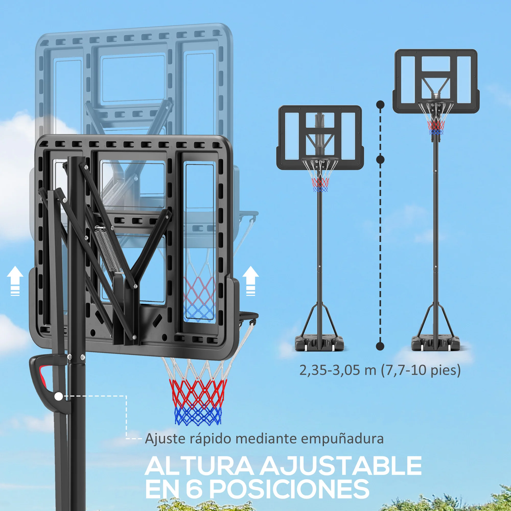 SPORTNOW Canasta de Baloncesto de Exterior con Altura Ajustable 235-305 cm Aro de Baloncesto con Soporte Canasta de Baloncesto con Ruedas Base Rellenable Bolsa de Peso Negro - imagen 4