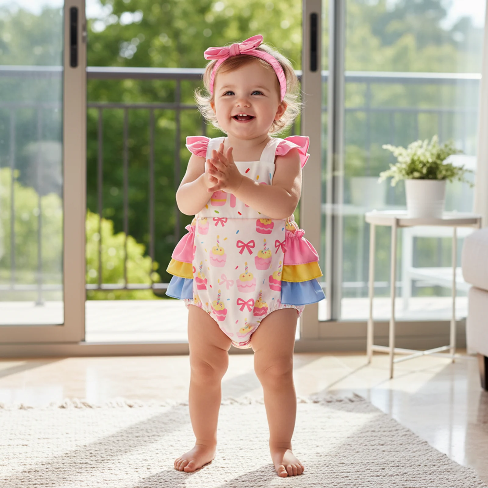 Suefunskry Mameluco de cumpleaños para bebé niña con manga voladora y cuello cuadrado con estampado de magdalenas y diadema con lazo - imagen 3
