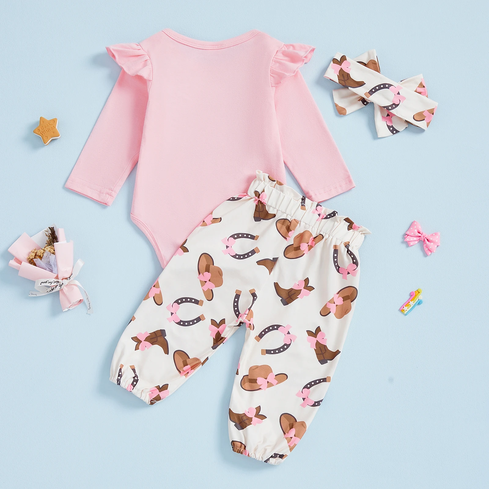 Suefunskry Conjuntos de ropa para niña, botas occidentales de moda, mameluco estampado de manga larga con pantalones, diadema, trajes de otoño de 3 piezas - imagen 5