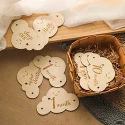 Tarjetas mensuales madera nube bebé foto doble cara grabado