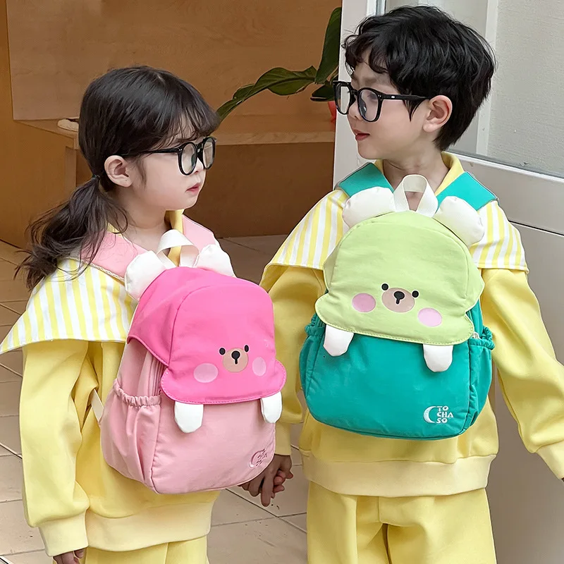 Mochila para guardería de bebé, mochila escolar de nailon con oso de dibujos animados, almacenamiento versátil, bolso de hombro aplicado, lindas mochilas antipérdida para niños - imagen 3