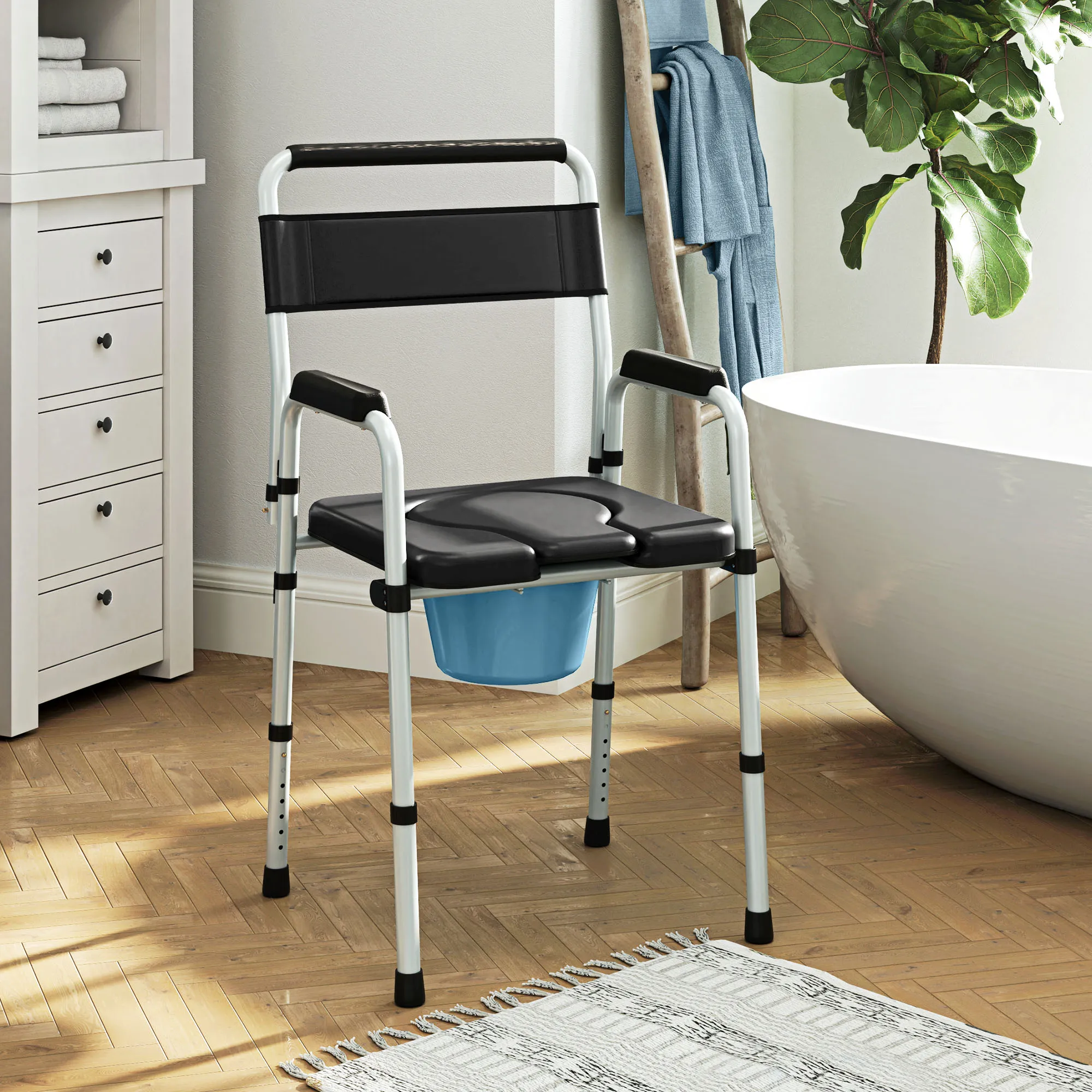 HOMCOM Silla WC Personas Mayores Plegable Silla con Inodoro con Altura Ajustable Cubo y Almohadillas Antideslizantes Carga 150 kg para Discapacitados Embarazadas Negro - imagen 2
