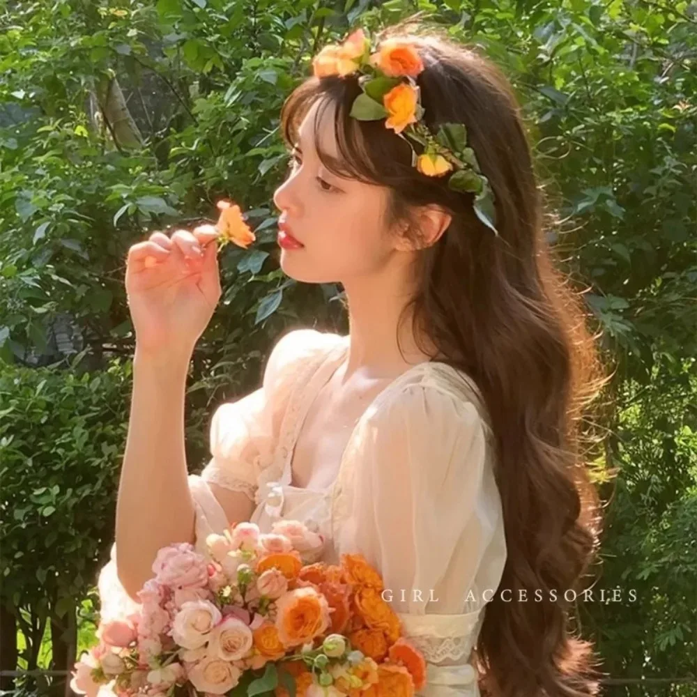 Guirnaldas de flores para niña, corona, diadema barroca para boda, diadema para el pelo, corona de flores, diadema nupcial, Tiaras para el cabello de princesa de hadas - imagen 4