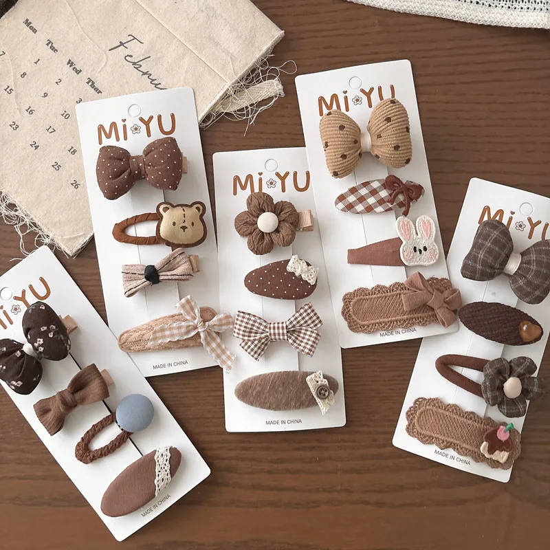 4 unids/set de pinzas para el pelo para niños de Color café con leche, Clips a presión de flores de tela con lazo, pasadores laterales totalmente cubiertos seguros para bebés para niñas - imagen 2