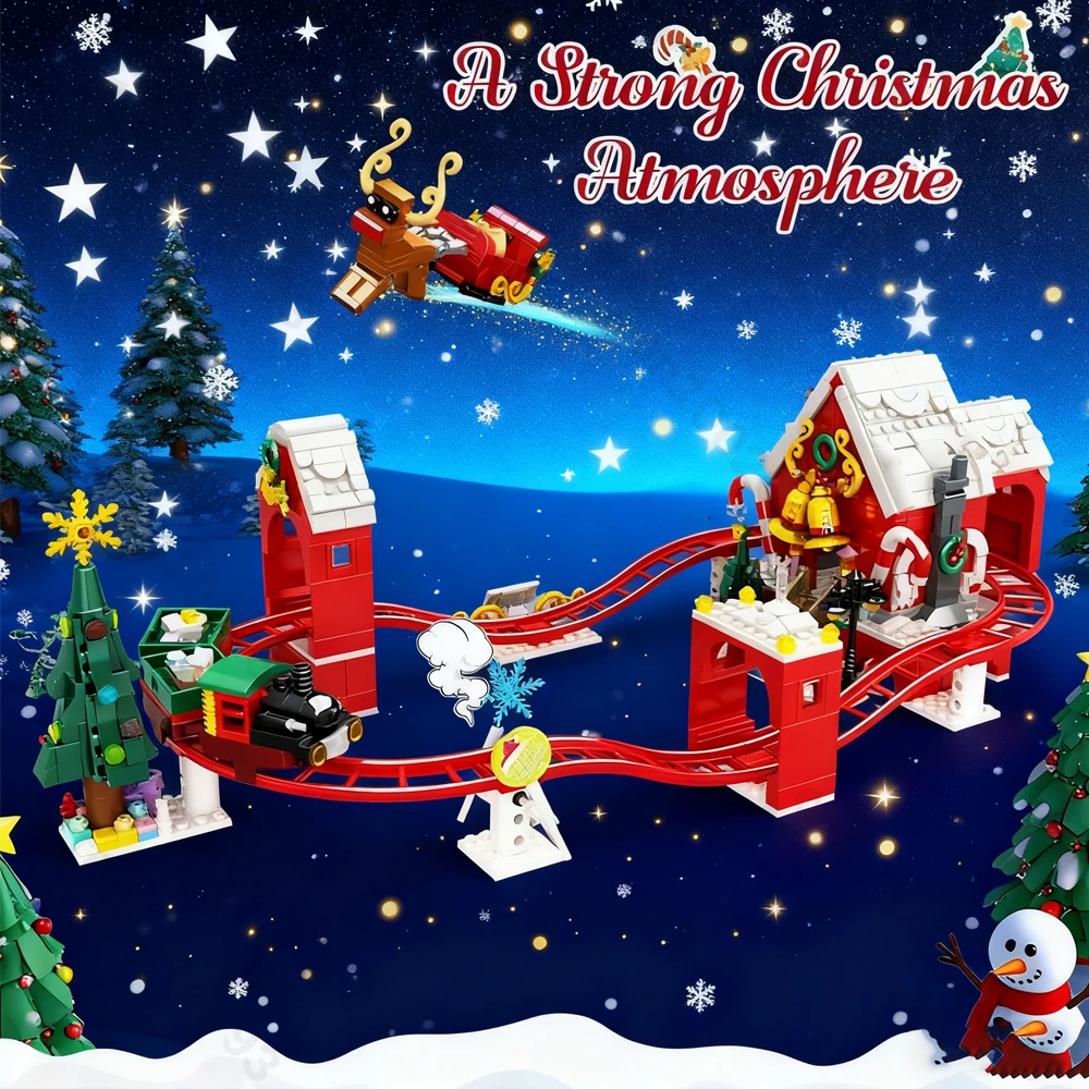 964pc ciudad invierno pueblo casa de Navidad bloques de construcción serie navideña Mini vía de tren DIY montaje modelo ladrillos juguetes para niños