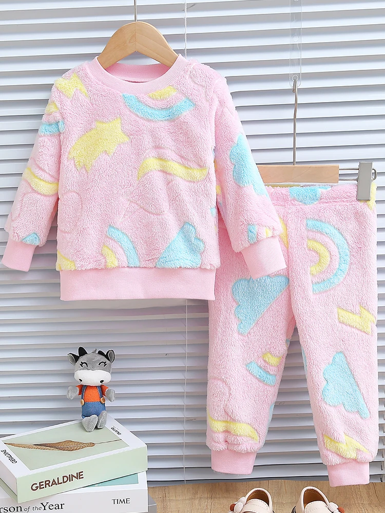 2 uds bebé niña Otoño e Invierno luz nocturna Arco Iris amor nube patrón felpa gruesa manga larga top y pantalones accesorios para niños