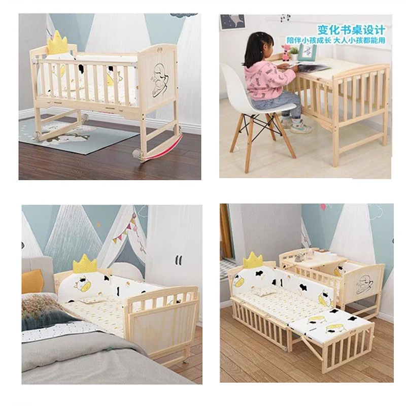 Cuna convertible de madera natural con balancín, ruedas y mosquitera - imagen 3