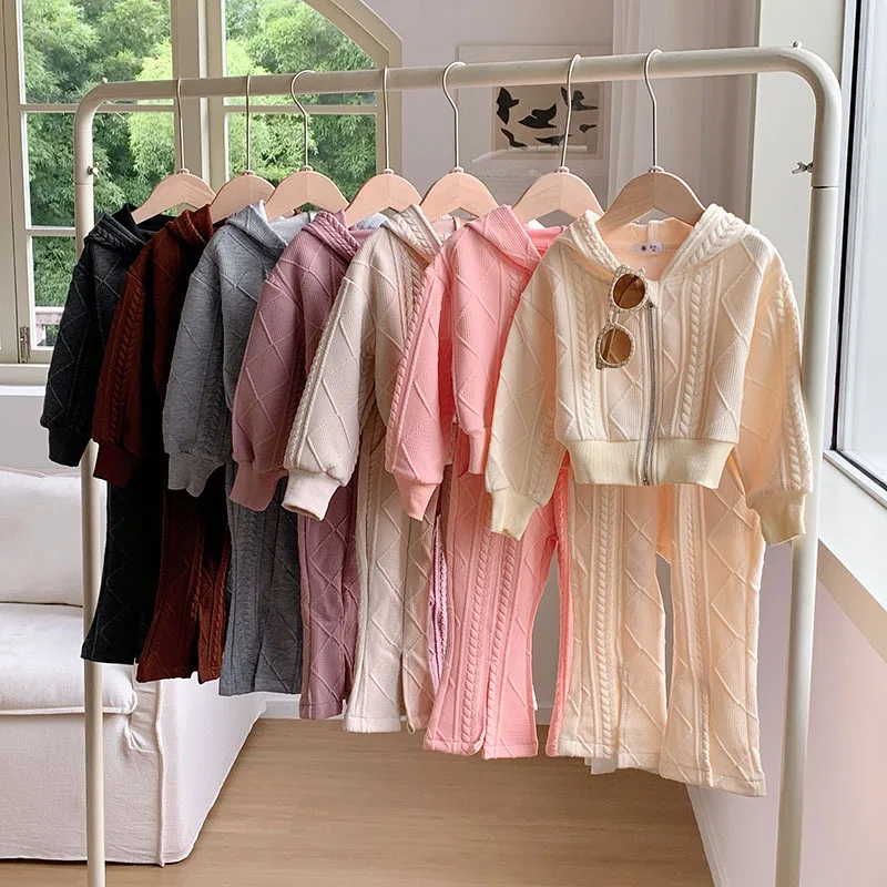 Conjunto de ropa de otoño para niñas, abrigo con capucha y cremallera de algodón, pantalones acampanados lisos sueltos, trajes para niñas, 2 uds.