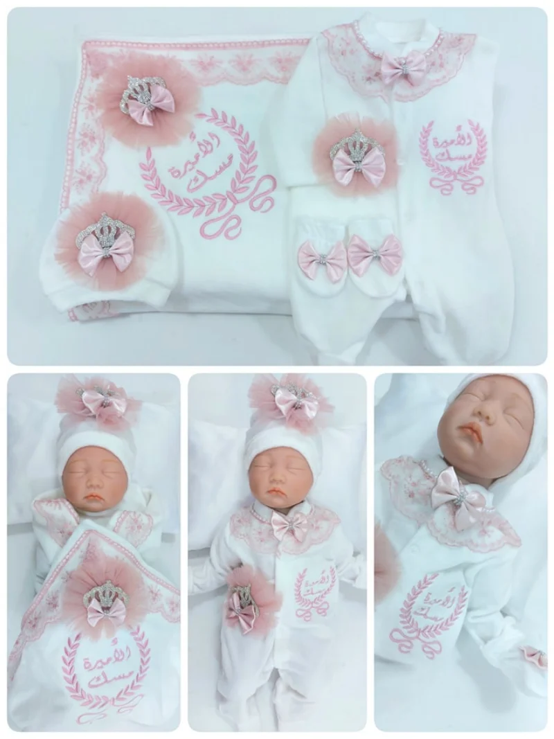 Conjunto de pelele de bebé fucsia hecho a mano, 3 uds., 100% algodón, ropa de nuevo diseño para recién nacido, traje de bebé de lujo de Organza nacarada personalizada preciosa - imagen 4