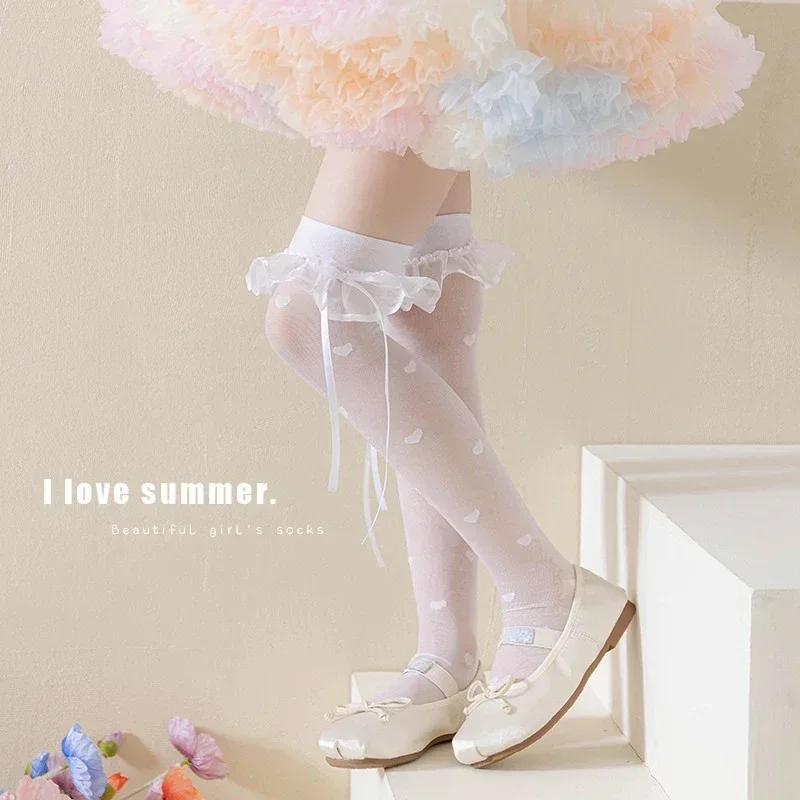 Calcetines hasta la rodilla finos y transpirables de verano para niños y niñas, calcetín coreano a la moda con puntos y corazón hasta la rodilla, calcetín escolar de algodón y nailon suave - imagen 2