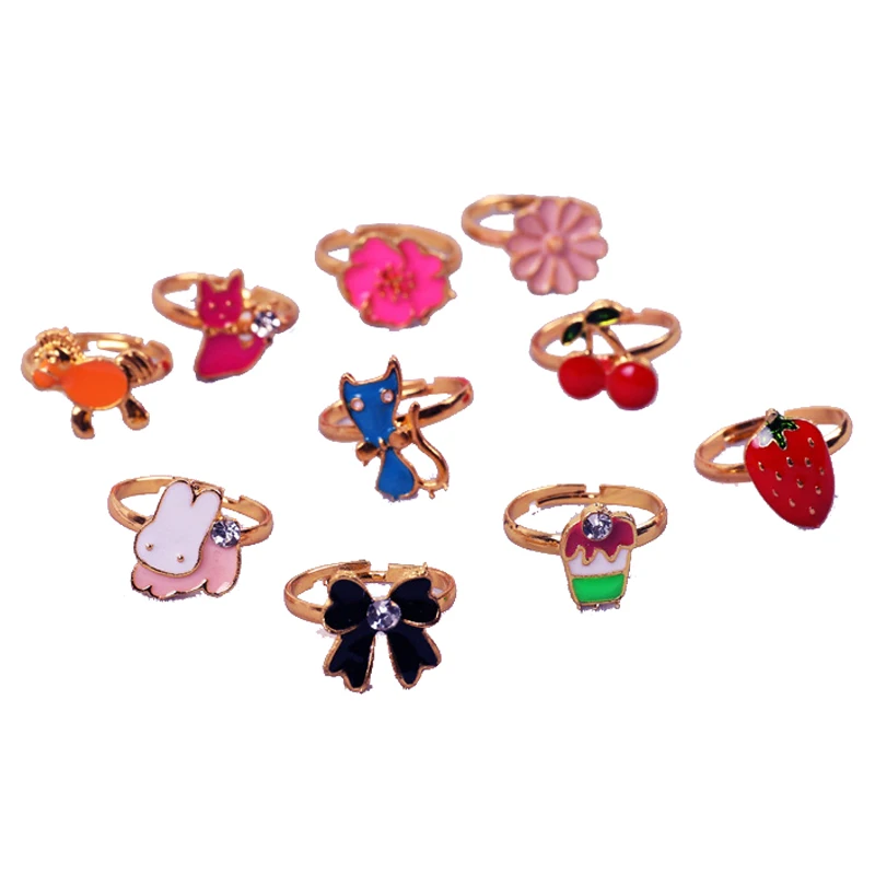 10/20 Uds. Anillo bonito para niños, juguetes de maquillaje ajustables para juego de imitación, regalos para niñas, anillos esmaltados de frutas y animales, belleza de moda TMZ - imagen 2