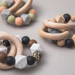 Juguetes para bebés, 1 unidad, sonajero de madera para dentición, pulseras de lactancia, cuentas de silicona, música, sonajero, percha, juguetes educativos para recién nacidos