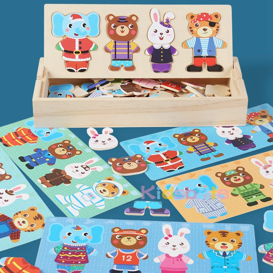 Juego de rompecabezas de vestir de conejito de madera para niños: trajes de mezcla y combinación, emociones y personajes, juguete educativo Montessori para niños pequeños - imagen 4
