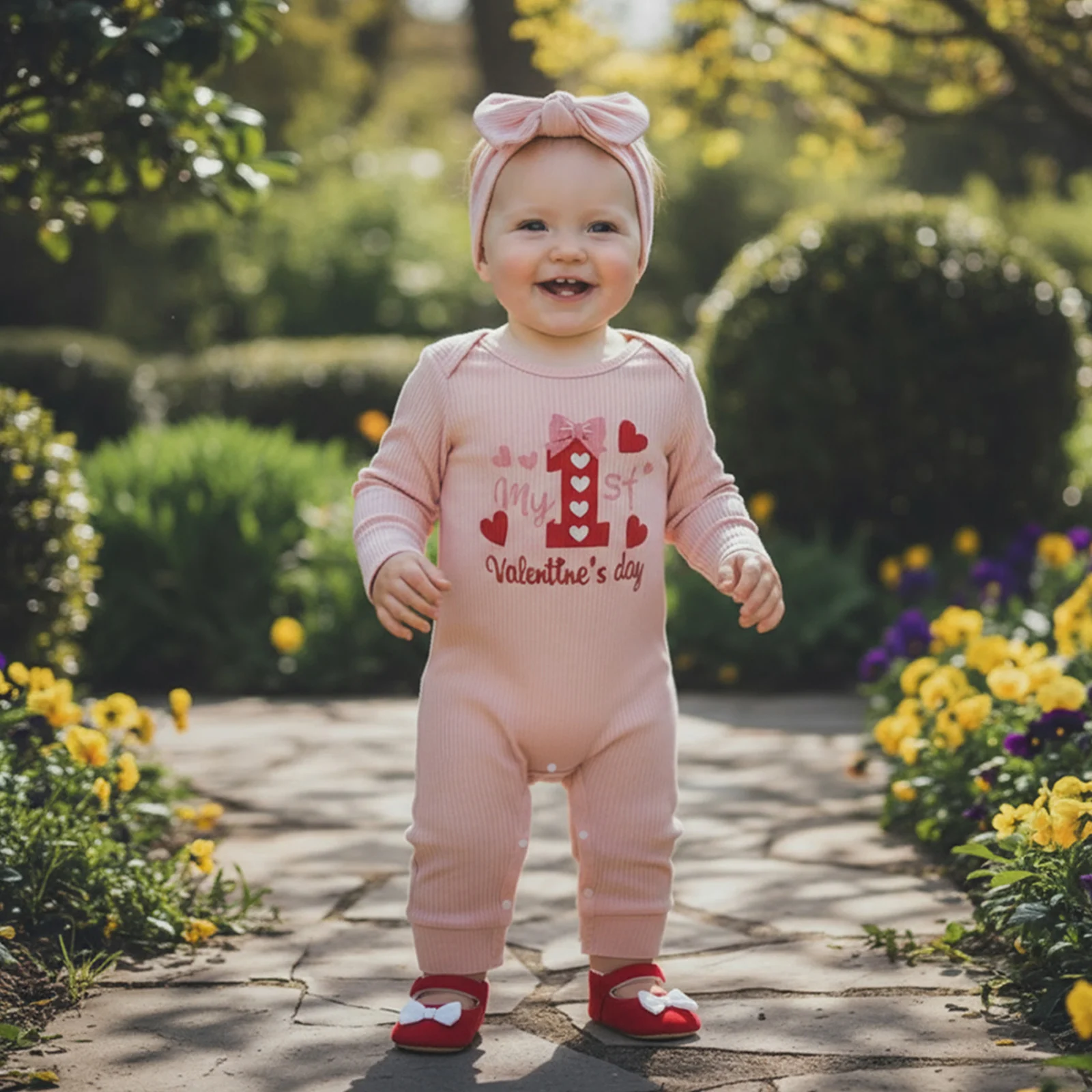 SUNSIOM Conjunto de trajes para el día de San Valentín para niña, mono de manga larga con estampado de corazón y diadema, ropa para recién nacido