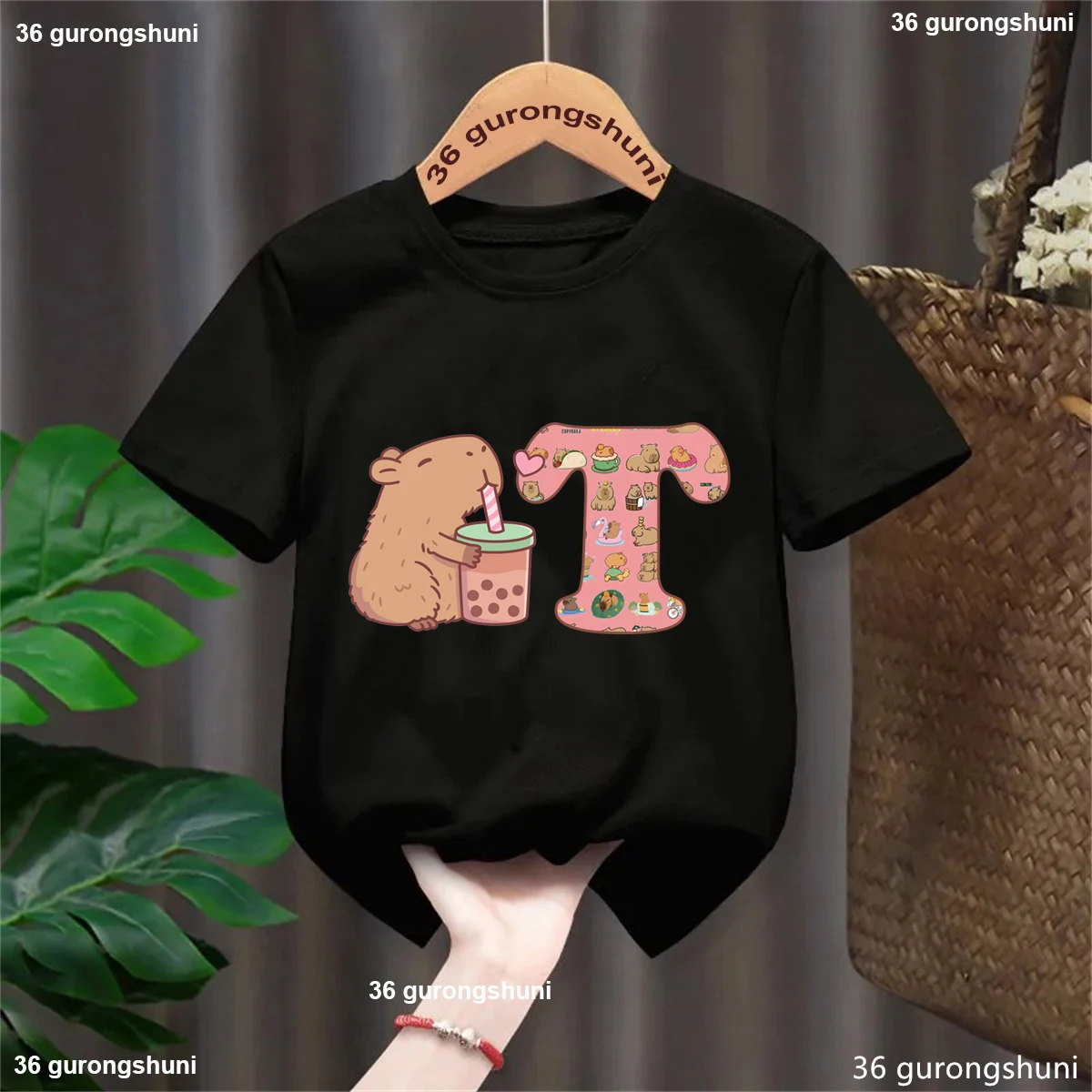 Camiseta negra de amor para beber té de la leche Capybara Tshrit Capy 26 letras A-Z, regalo para niños y niñas, ropa para niños, camiseta de manga corta para bebé - imagen 3