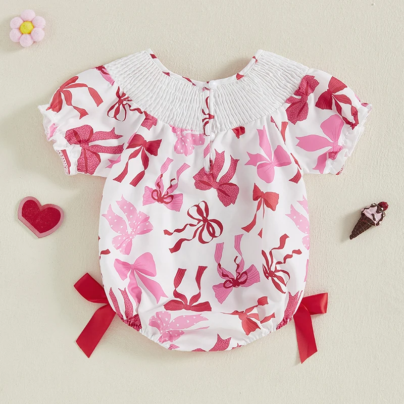 Suefunskry Body para niña con estampado de lazo bordado y letras, cuello redondo, manga corta, mameluco infantil - imagen 2