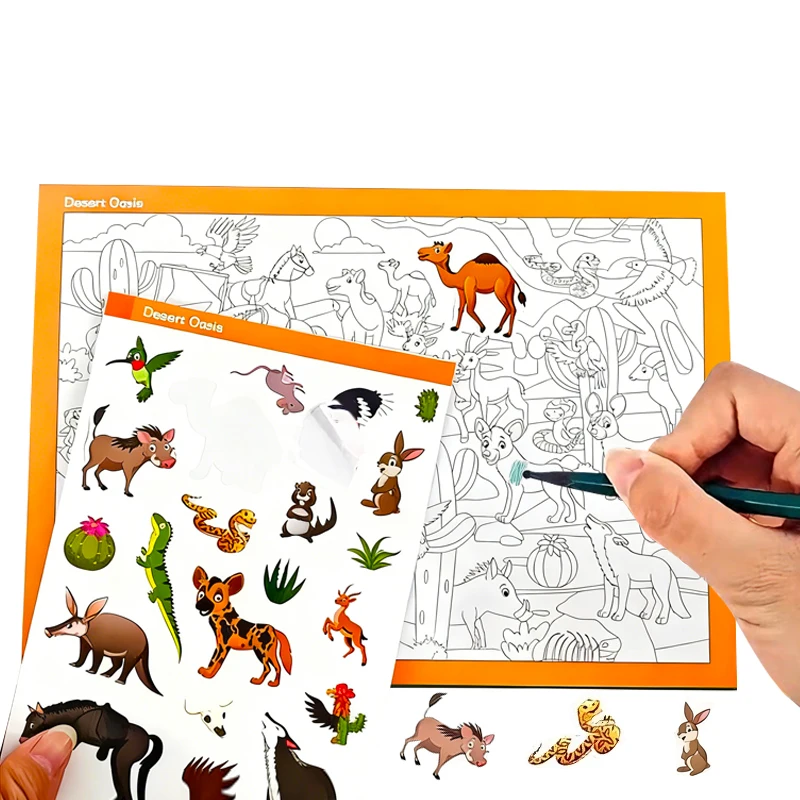 Libro para colorear con pegatinas para niños, 10 páginas, escenas, 5 hojas, tema de animales, vida silvestre, océano, dinosaurio, juego a juego, juguete educativo, regalo divertido