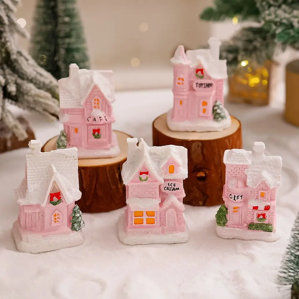 Casa pequeña brillante de Navidad de resina, luz LED rosa luminosa, casa de nieve, luz cálida, lindas figuritas de decoraciones navideñas - imagen 2