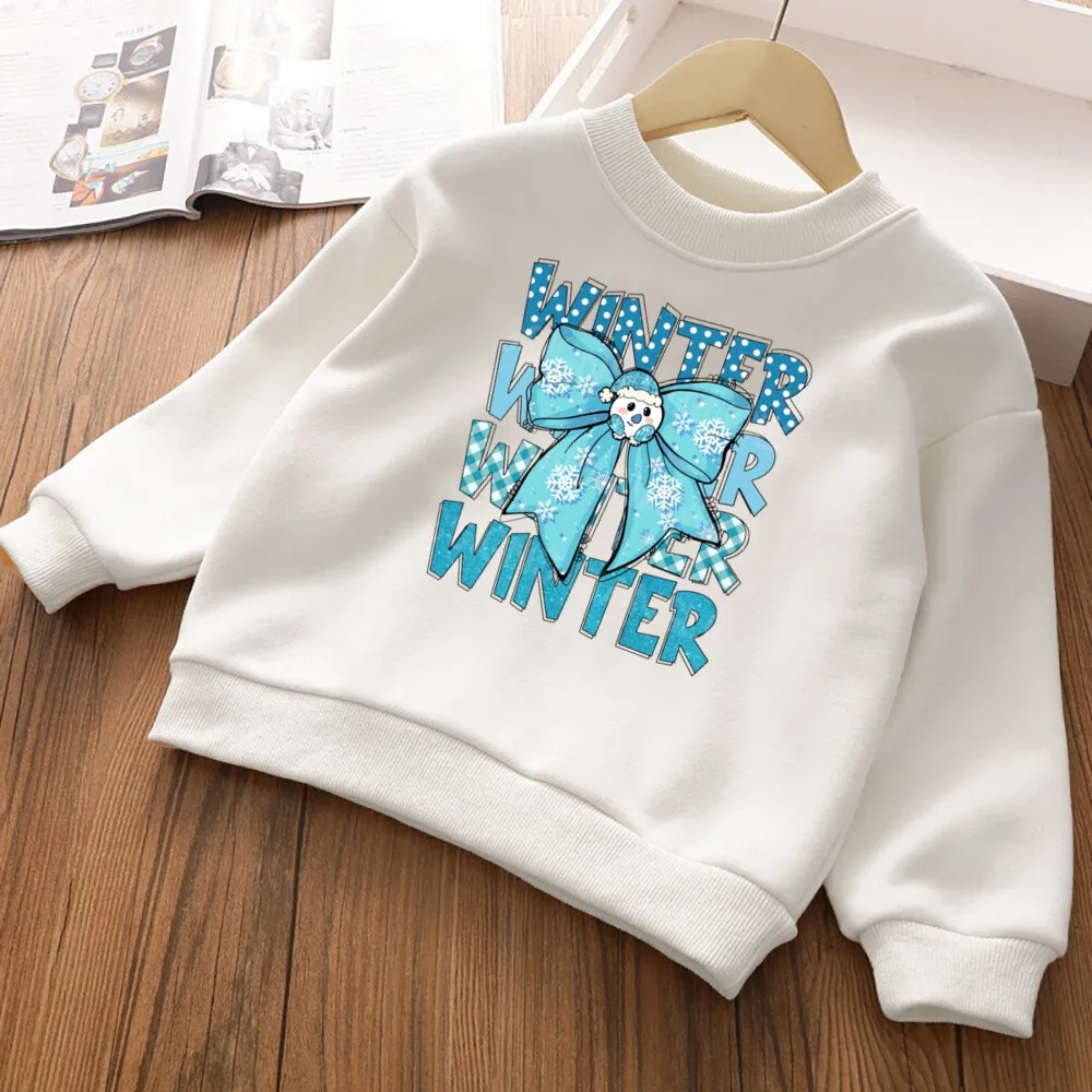 Sudadera con capucha de lana para niños y niñas, ropa de manga larga con estampado de lazo de muñeco de nieve, atuendo de vacaciones de Navidad, Invierno - imagen 5