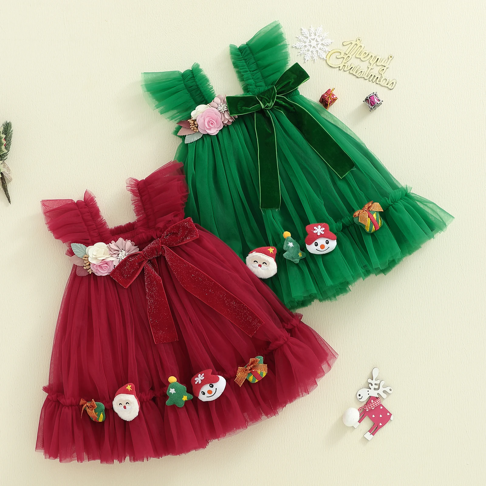 Tregren Vestido de princesa de tul navideño para niña con lazo - imagen 3