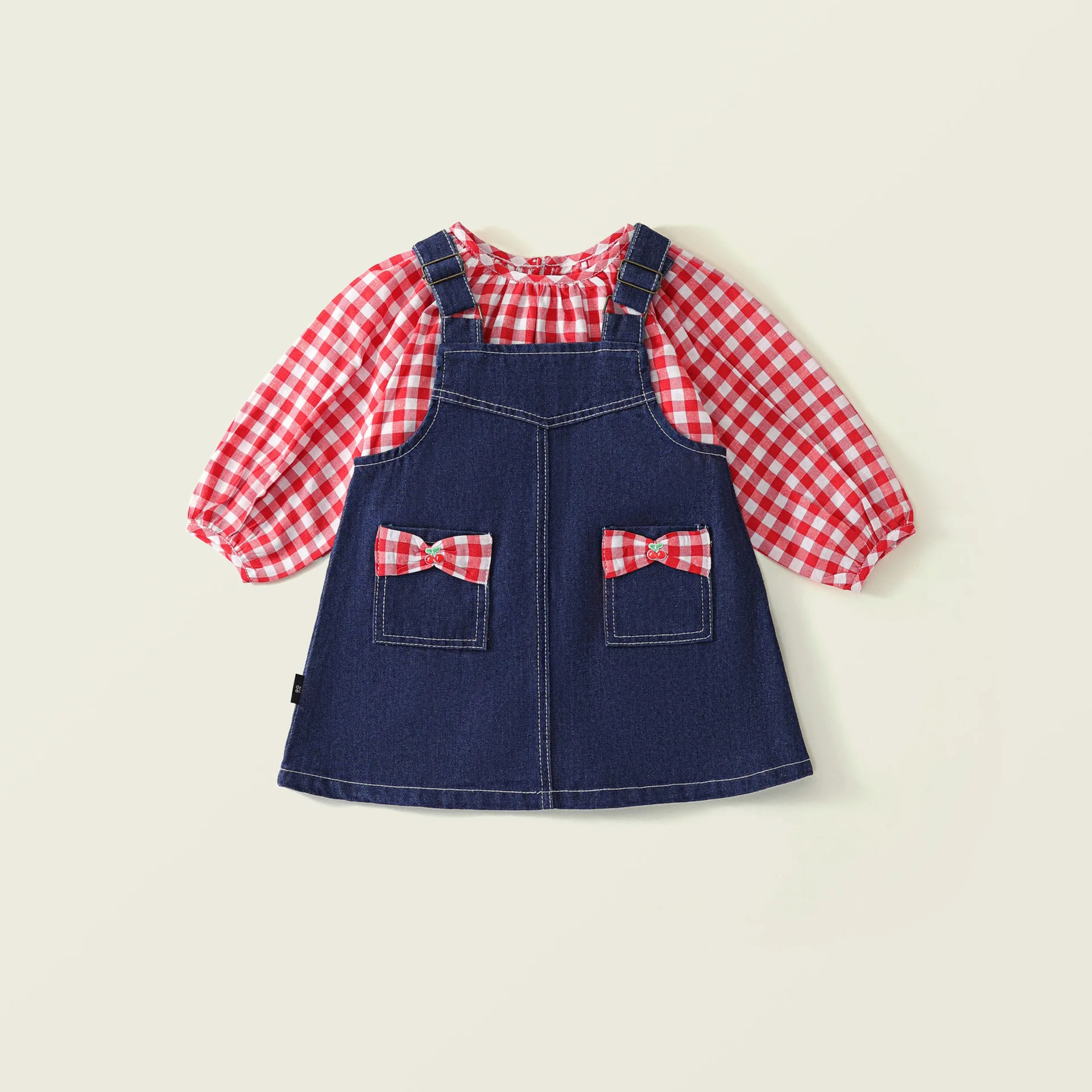 Conjunto de 2 piezas de ropa para niña, moda coreana, Tops de manga larga rojos a cuadros + vestido vaquero con lazo, ropa de Boutique para niño B056 - imagen 2